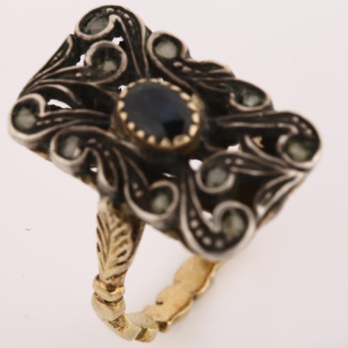 1121 - A Georgian sapphire and diamond panel ring, unmarked gold and silver settings with oval mixed-cut sa... 