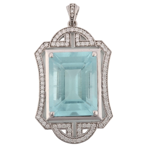 1123 - A large modern 18ct white gold aquamarine and diamond openwork pendant, set with 30ct rectangular st... 