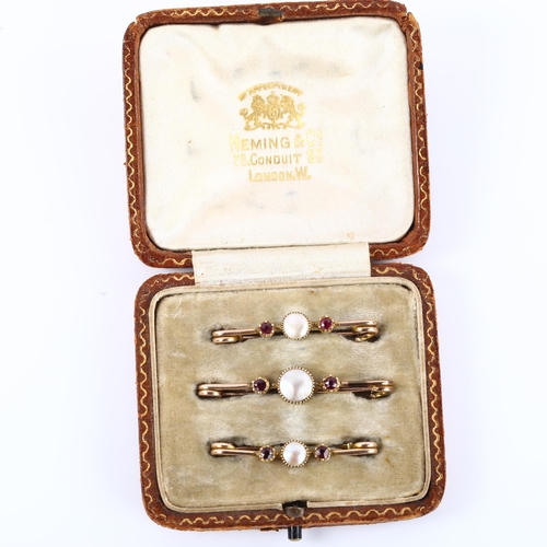 1126 - A cased set of Antique lady's lingerie pins, unmarked rose gold settings with blister pearl and garn... 