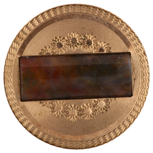 1134 - A Victorian jasper memorial brooch, unmarked yellow metal settings with rectangular barrel-cut jaspe... 