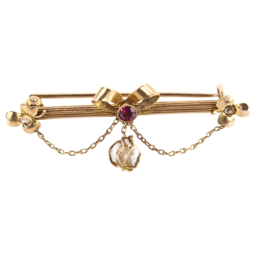 1135 - A Victorian natural pearl and amethyst bar brooch, ribbon design with floral motif, brooch length 44... 