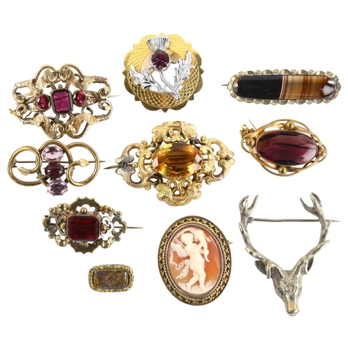 1136 - A group of various brooches, including Victorian memorial, woven hair panel, shell cameo etc