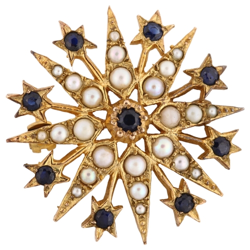 1138 - A late 20th century 9ct gold sapphire and pearl 8-ray starburst brooch, hallmarks London 1975, brooc... 