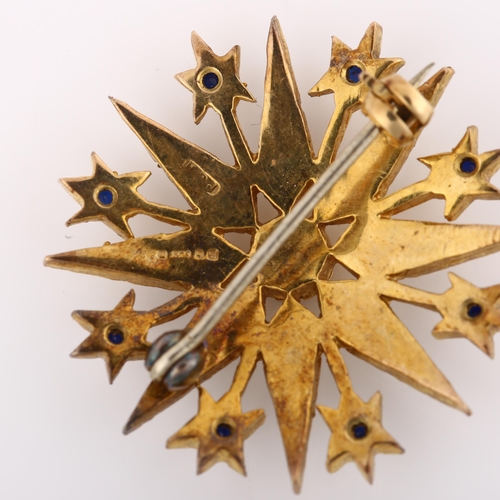 1138 - A late 20th century 9ct gold sapphire and pearl 8-ray starburst brooch, hallmarks London 1975, brooc... 