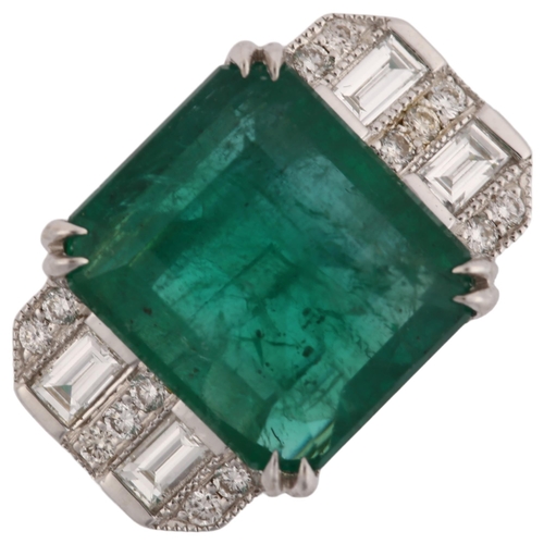 1142 - A modern 18ct white gold emerald and diamond ring, in Art Deco style, set with 2.5ct emerald-cut eme... 