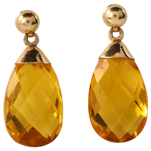 1145 - A pair of citrine briolette drop earrings, with unmarked yellow metal stud fittings, earring height ... 