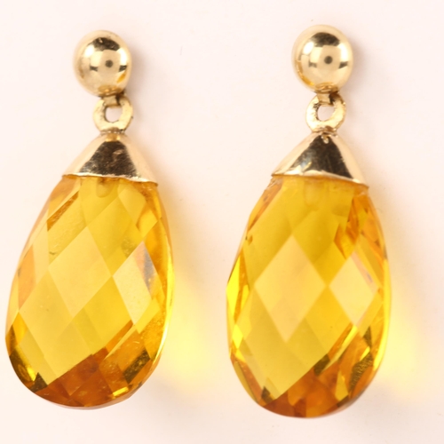 1145 - A pair of citrine briolette drop earrings, with unmarked yellow metal stud fittings, earring height ... 