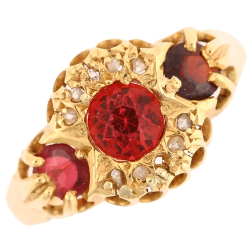 1146 - An early 20th century 18ct gold garnet and diamond cluster half hoop ring, set with round-cut garnet... 