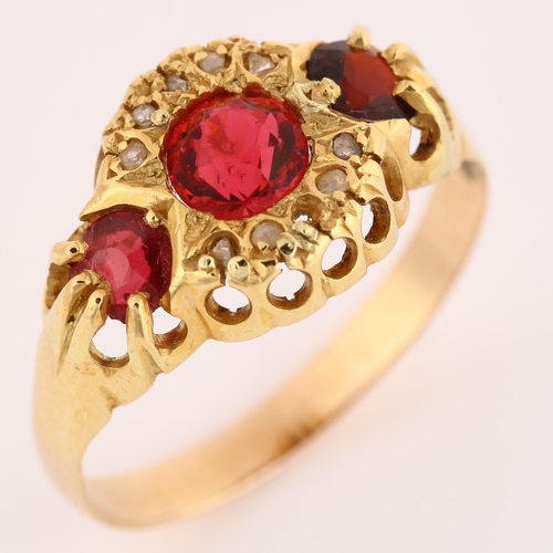 1146 - An early 20th century 18ct gold garnet and diamond cluster half hoop ring, set with round-cut garnet... 