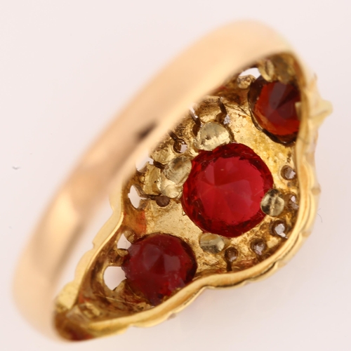 1146 - An early 20th century 18ct gold garnet and diamond cluster half hoop ring, set with round-cut garnet... 