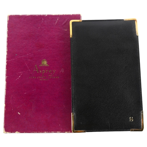 1153 - ASPREY - a Vintage 9ct gold-mounted black leather notepad, hallmarks London 1971, 14.5cm x 9cm, boxe... 