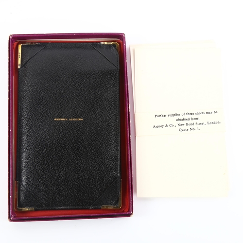 1153 - ASPREY - a Vintage 9ct gold-mounted black leather notepad, hallmarks London 1971, 14.5cm x 9cm, boxe... 