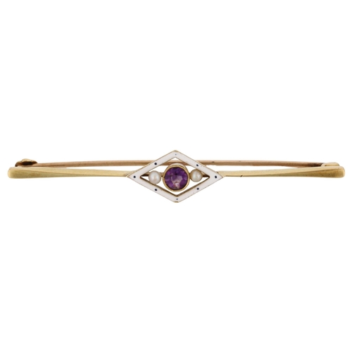 1159 - An Edwardian 15ct gold amethyst pearl and enamel lozenge bar brooch, brooch length 59mm, 3.6g