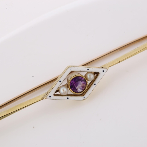 1159 - An Edwardian 15ct gold amethyst pearl and enamel lozenge bar brooch, brooch length 59mm, 3.6g