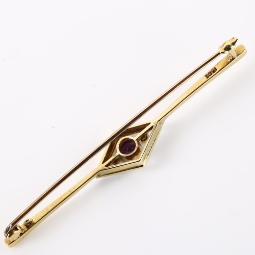 1159 - An Edwardian 15ct gold amethyst pearl and enamel lozenge bar brooch, brooch length 59mm, 3.6g