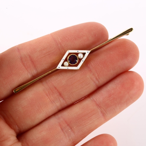 1159 - An Edwardian 15ct gold amethyst pearl and enamel lozenge bar brooch, brooch length 59mm, 3.6g