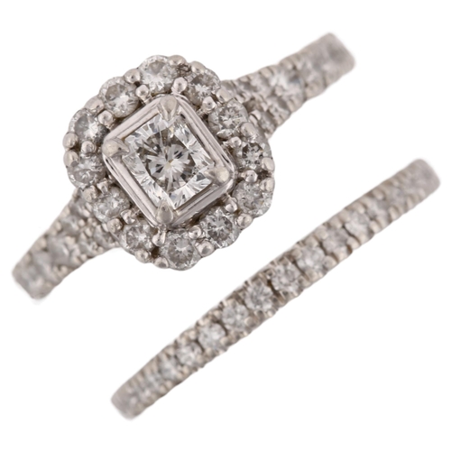 1160 - A platinum 1.5ct diamond bridal ring set, comprising 1.28ct TCW halo cluster engagement ring, and 0.... 