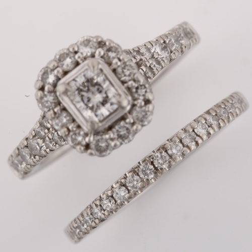 1160 - A platinum 1.5ct diamond bridal ring set, comprising 1.28ct TCW halo cluster engagement ring, and 0.... 