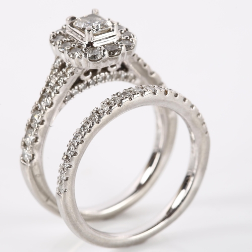 1160 - A platinum 1.5ct diamond bridal ring set, comprising 1.28ct TCW halo cluster engagement ring, and 0.... 