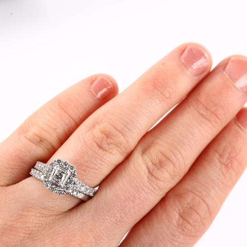 1160 - A platinum 1.5ct diamond bridal ring set, comprising 1.28ct TCW halo cluster engagement ring, and 0.... 