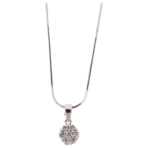 1164 - A modern diamond cluster flowerhead pendant necklace, unmarked white gold settings with modern round... 