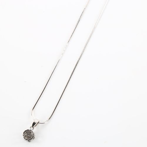 1164 - A modern diamond cluster flowerhead pendant necklace, unmarked white gold settings with modern round... 