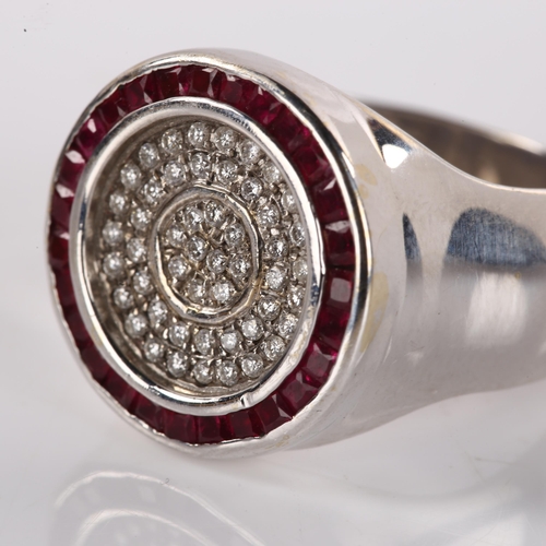 1166 - A large modern 18ct white gold ruby and diamond cluster target ring, set with calibre-cut rubies and... 