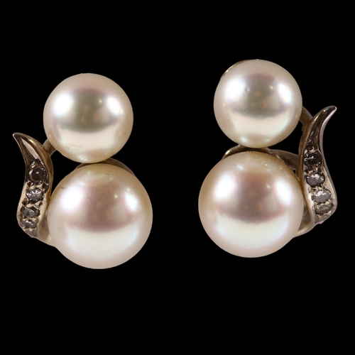 1169 - A pair of 14ct white gold whole cultured pearl and diamond earrings, with screw-back fittings, earri... 