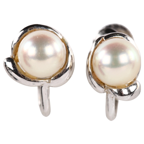 1170 - A pair of 18ct white gold whole cultured pearl earrings, with screw fittings, pearl diameter 6.7mm, ... 