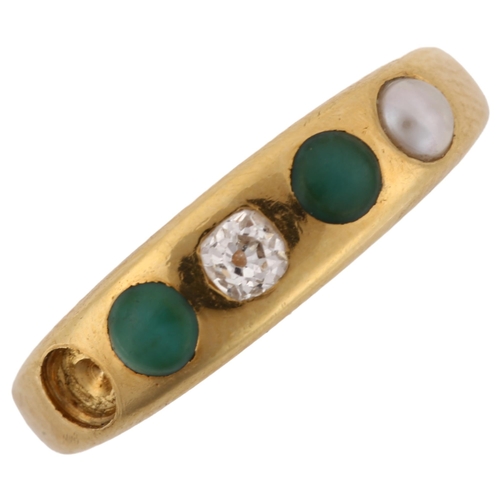 1176 - An Antique 18ct gold turquoise pearl and diamond five stone gypsy ring, maker's marks JB, setting he... 