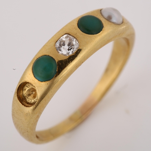 1176 - An Antique 18ct gold turquoise pearl and diamond five stone gypsy ring, maker's marks JB, setting he... 