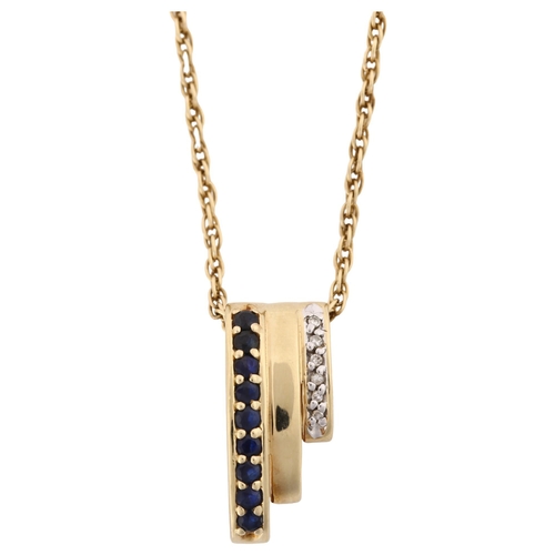 1179 - A modern 9ct gold sapphire and diamond triple hoop pendant necklace, on 9ct Prince of Wales link cha... 