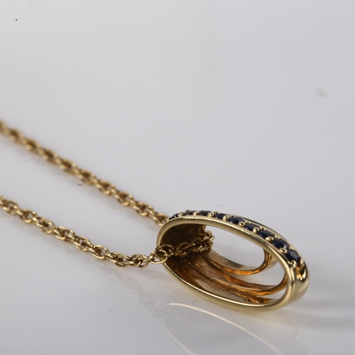 1179 - A modern 9ct gold sapphire and diamond triple hoop pendant necklace, on 9ct Prince of Wales link cha... 