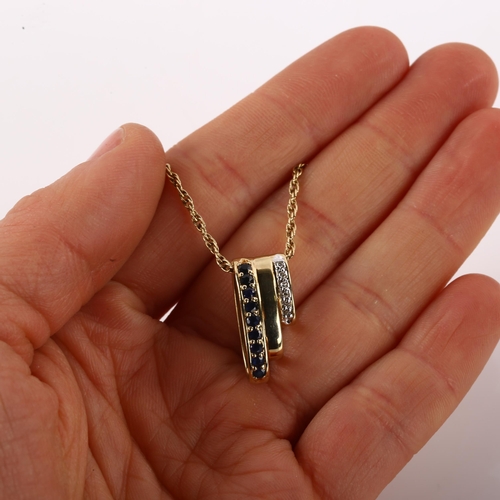 1179 - A modern 9ct gold sapphire and diamond triple hoop pendant necklace, on 9ct Prince of Wales link cha... 