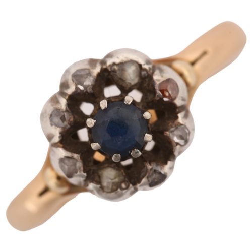 1182 - A 19th century sapphire and diamond cluster ring, unmarked gold and silver settings with round-cut s... 