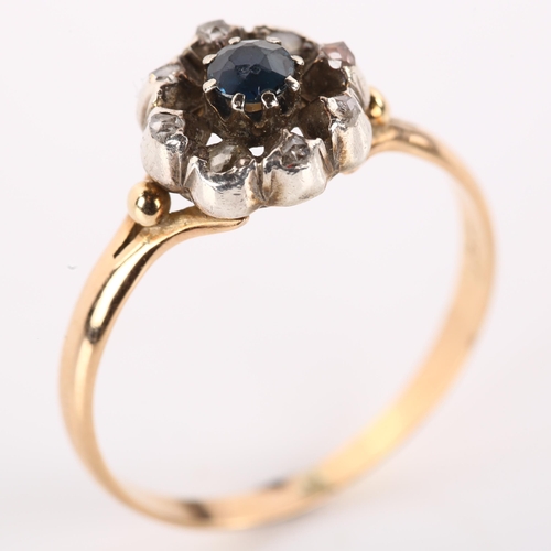 1182 - A 19th century sapphire and diamond cluster ring, unmarked gold and silver settings with round-cut s... 