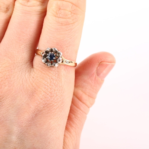 1182 - A 19th century sapphire and diamond cluster ring, unmarked gold and silver settings with round-cut s... 