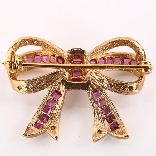 1185 - A late 20th century ruby and diamond ribbon bow brooch, unmarked gold settings with square-cut ruby ... 