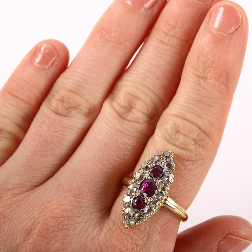 1187 - An Antique 18ct gold ruby and diamond marquise cluster ring, set with old-cut diamonds, total diamon... 