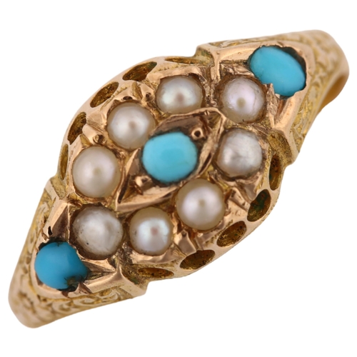 1189 - An early 20th century 15ct gold turquoise and pearl cluster half hoop ring, with engraved foliate sh... 