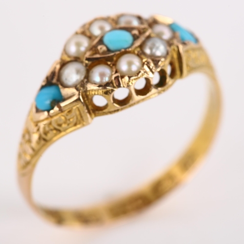 1189 - An early 20th century 15ct gold turquoise and pearl cluster half hoop ring, with engraved foliate sh... 