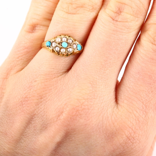 1189 - An early 20th century 15ct gold turquoise and pearl cluster half hoop ring, with engraved foliate sh... 