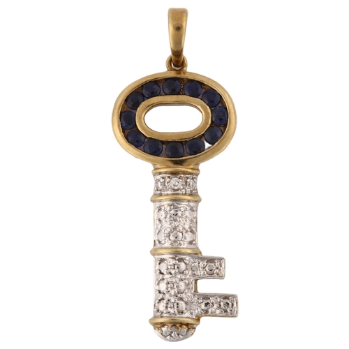 1192 - A modern 9ct gold sapphire and diamond key pendant, pendant height 32.7mm, 2g