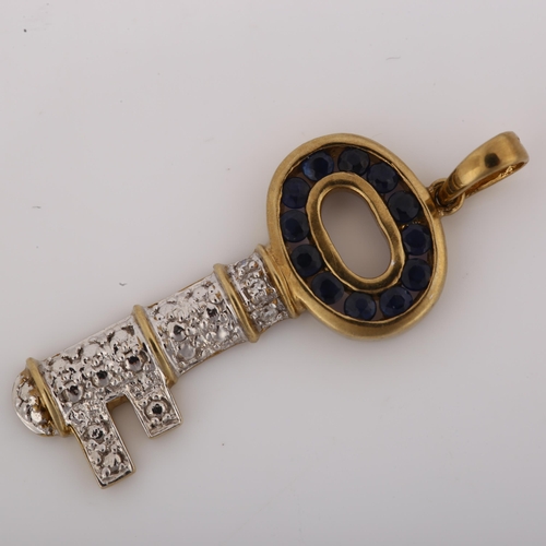 1192 - A modern 9ct gold sapphire and diamond key pendant, pendant height 32.7mm, 2g