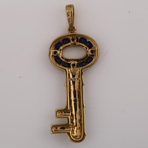 1192 - A modern 9ct gold sapphire and diamond key pendant, pendant height 32.7mm, 2g