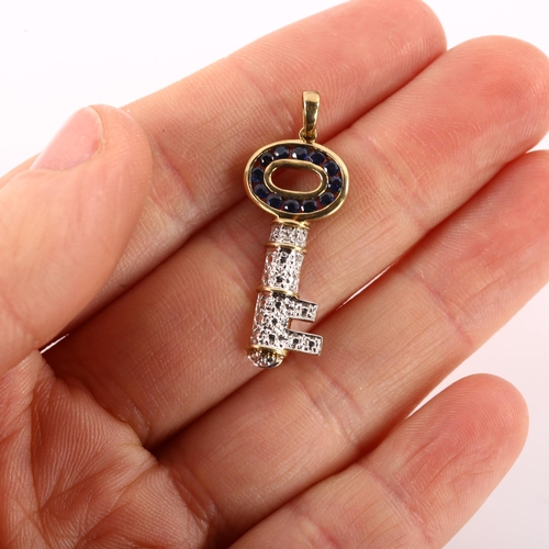 1192 - A modern 9ct gold sapphire and diamond key pendant, pendant height 32.7mm, 2g