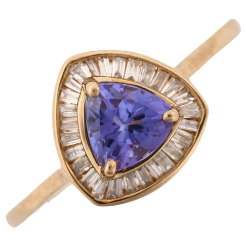 1196 - A modern 9ct gold tanzanite and diamond cluster ring, set with trilliant-cut tanzanite and baguette-... 