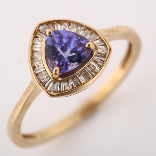 1196 - A modern 9ct gold tanzanite and diamond cluster ring, set with trilliant-cut tanzanite and baguette-... 