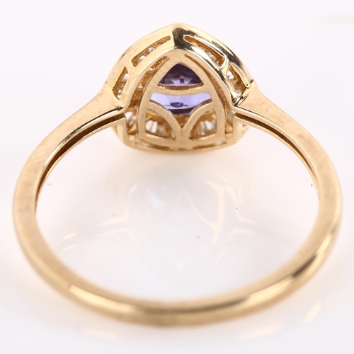 1196 - A modern 9ct gold tanzanite and diamond cluster ring, set with trilliant-cut tanzanite and baguette-... 