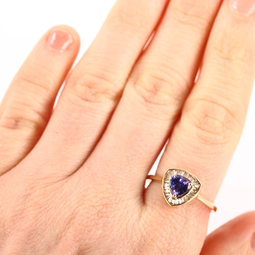 1196 - A modern 9ct gold tanzanite and diamond cluster ring, set with trilliant-cut tanzanite and baguette-... 